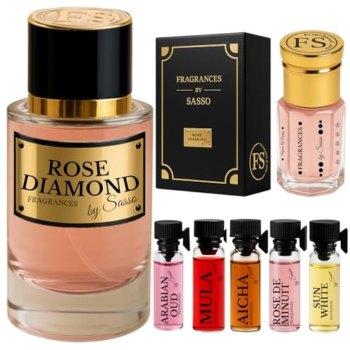 Parfum ROSE DIAMON Senteur Rose Vanille - FRAGRANCES BY SASSO - Coffret Luxe - Extrait De Parfum 50ml + Musc 3ml + 5 Échantillons OFFERT - Coffret Cadeau Homme Et Femme - Collection Privee