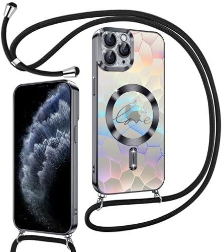 Kokio Magnetische Glitzer Handykette für iPhone 11 Pro Hülle mit Band [Kompatibel mit MagSafe] Kameraschutz Handyhülle für Frauen Mädchen Silikon Stoßfeste Schutzhülle für iPhone 11 Pro Schwarz