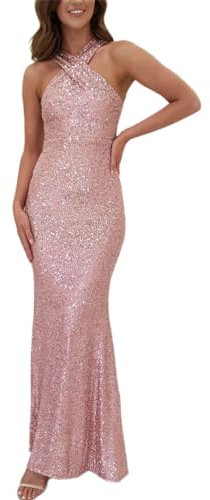 shownicer Robe de Soirée Paillettée Scintillante Femmes Robe Longue Sexy à Dos Nu et sans Manche Elegant Et Chic Brillants Robe De Bal Fete Cocktail A Rose M