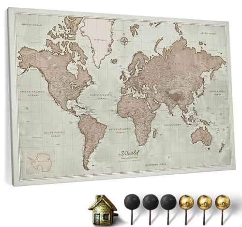 Hochwertige Canvas Weltkarte mit Kork-Pinnwand - Deutsche Beschriftung - Dekorative Wanddeko für alle Zimmer - Leinwandbilder mit Weltkarte Motiv (150x100 cm, Muster 19 Deutsch)