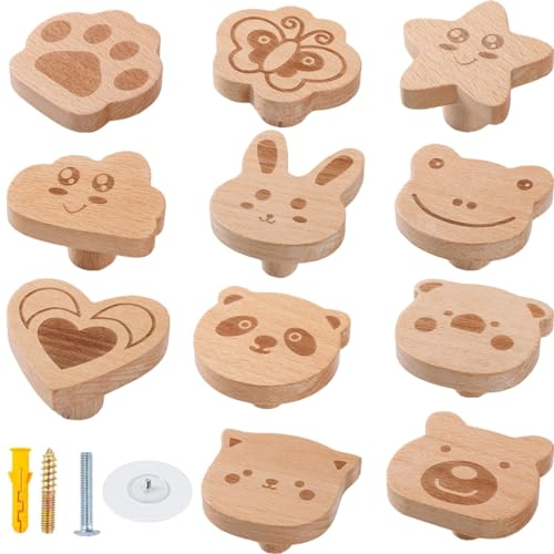2 Stück Möbelknöpfe Holz Tiermotiven, Dekorative Holz-Kommodenknöpfe, Klebehaken, Ziehen, Möbelknäufe, Schubladengriffe, Wandhaken für Schränke, Kinderzimmer