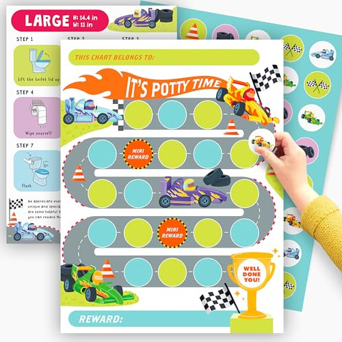 Potty Training Reward Chart x10 pcs - Race Cars Training Chart for Kids - Toilet Habit Training Chart - Behavior Chart for Boys Him Son - Comes with Incentive Sticker Chart
