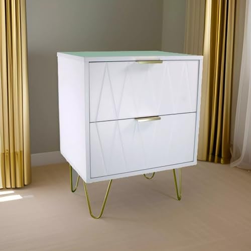 Modern White 2 Drawer Bedside Table with Gold Legs, Wooden Table Nightstand Cabinet With Storage Drawers