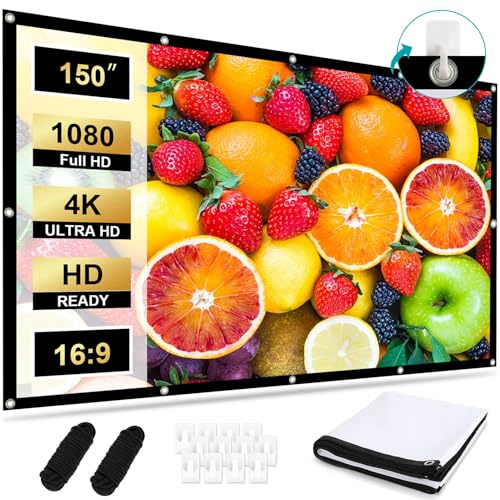 Hengrongshen Pantalla Proyector 150 Pulgadas 16:9 4K HD, Pantalla de Proyección Portátil Plegable Antiarrugas Doble Cara 336 x 190 cm, Lona Proyector Fácil de Colgar, para Cine en Casa y Exterior