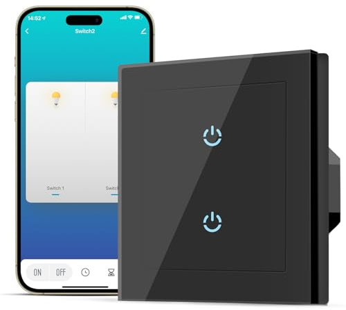 SMARTERCURRY Smart WiFi Lichtschalter 2 Fach 1 Weg für Alexa und Smartphone, gehärtetes Glas Touch Lichtschalter, Timing-Funktion, Lichtschalter Schwarz, Neutralleiter Erforderlich, 1 Stücke