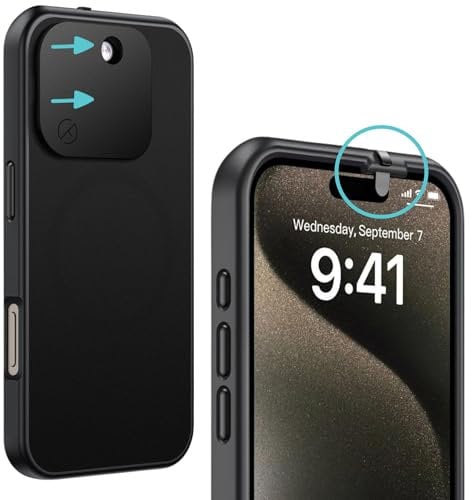 Spy-Fy iPhone 16 Pro Hülle mit Kameraschutz | Handy Kamera Abdeckung vorne und hinten | Schutzhülle mit Kickstand | Privacy Case | Handyhülle Schwarz | 2 Meter Fallschutz | 6,3 Zoll