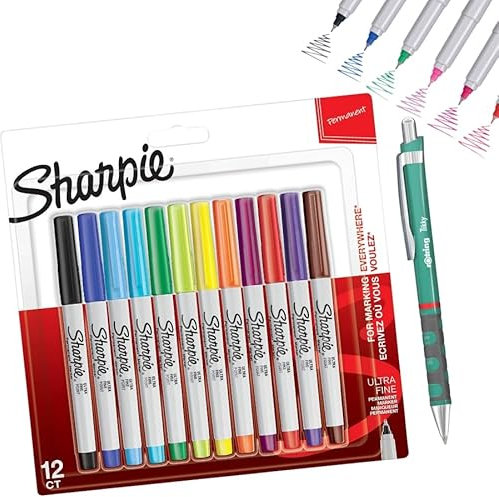 SHARPIE Permanentmarker | Ultrafeine Spitze | 12 Markierungsstifte + Rotring Tikky Kugelschreiber