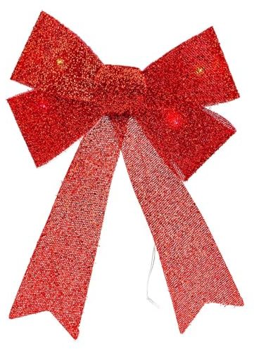 VFM e-Store - Light Up Tinsel Bow Christmas Decoration X 1 Stocking Filler Xmas Present Celebration Festive Winter Ornaments - 29cm X 43cm X 10cm Red