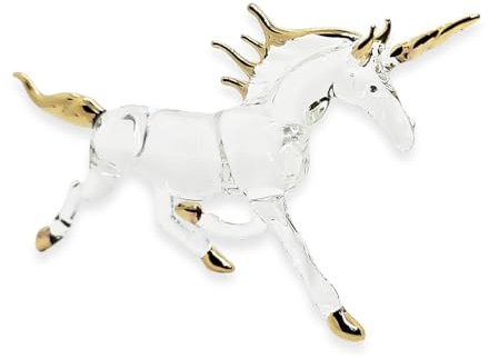 WitnyStore Winzige 16,5 cm große, transparente, goldfarbene Einhorn-Figur – Miniatur-Figur, mundgeblasenes Glas, Pegasus, Alicorn, Alaricorn, Fantasie-Kreatur, Kristalltiere, dekorative Sammlerfigur,
