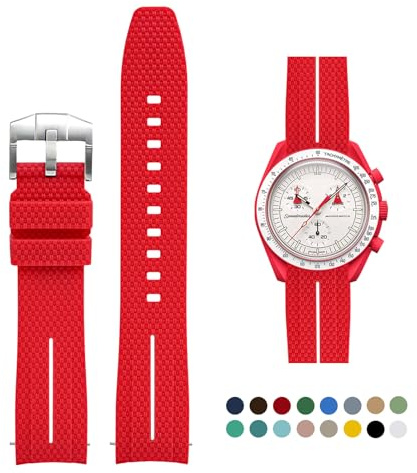 OLLREAR Silikon-Uhrenarmbänder 20mm für Omega x Swatch MoonSwatch/Rolex Watch, Schnellverschluss, Omega Swatch Armband mit Silber Schnalle für Herren Damen, Rot&Weiß