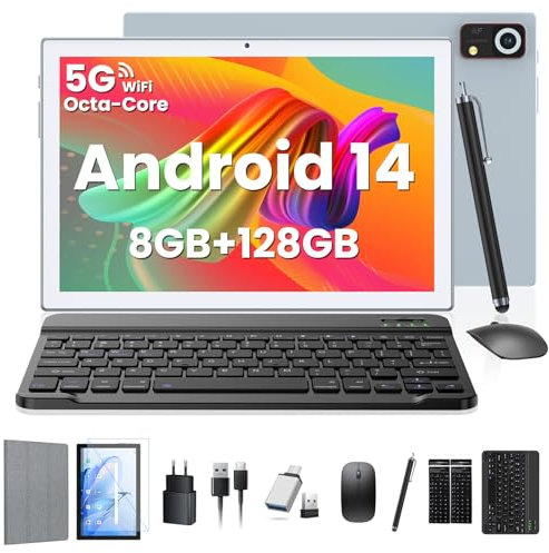 ZONKO Tablet Android 14 Mit Tastatur 10 Zoll, 128GB ROM(1TB TF) Tablett PC Mit Octa-Core T606, 5G+2.4G WLAN, 13MP+8MP, 7000mAh,1080FHD, BT5.0, GPS, GMS Tablets Mit Maus und Stift - Silver