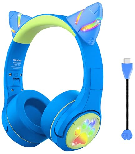 Riwbox CF9 - Cuffie Bluetooth per bambini, con orecchie di gatto, con luce LED, microfono ad asta e microfono integrato per chiamate, volume limitato di 85 dB, cuffie wireless e cablate, per la scuola