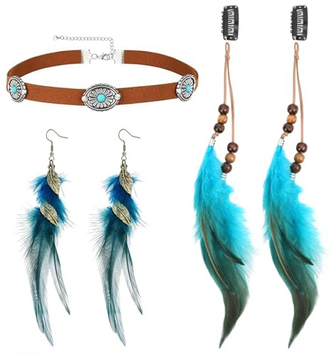 Feder Haarschmuck Clip, Kopfschmuck Haarverlängerung mit Federn | Lederkette Braune Wildleder, Feder Ohrringe, für Faschingskostüm Karneval Halloween Verkleiden