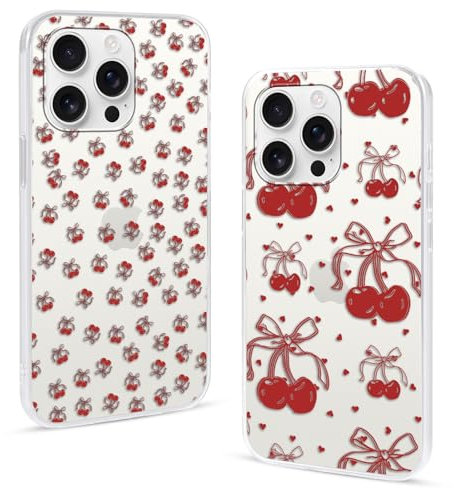 Omyzo 2 Pezzi Aesthetic Cover per Apple iPhone 15 6,1, Trasparente Silicone Custodia con Ciliegia Rosso Disegni Ultra Sottile TPU Antiurto Protettiva Case per iPhone 15