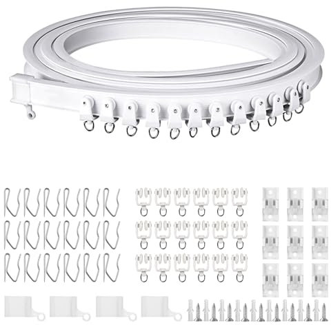 3m Weiße Gebogene Deckenvorhangschiene – Flexible & Biegbare Gardinenleiste für Erker-/Schrägfenster – Inkl. 18 Stummen Rollen, 18 Haken & Komplett-Montagesatz (9 Halterungen, 9 Schrauben, 9 Dübel)