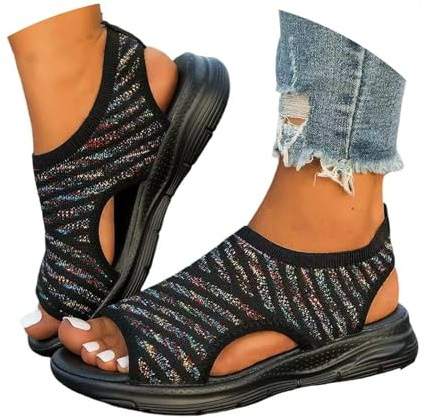 Outdoor Sandalen Damen - Bequem Waschbare Slingback Wandern Slides Sandals mit Weiche Fussbett - Outdoor Wassersandalen Casual Strick Plateau Sandalen Sommerschuhe Frauen