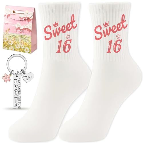 Scinzene Geschenke Für 16 Jährige Mädchen set - Sweet 16 Baumwolle Socken Eu 36-42 Mit Schlüsselanhänger Und Geschenktaschen, 16 Geburtstag Mädchen, Für Sport, Freizeit