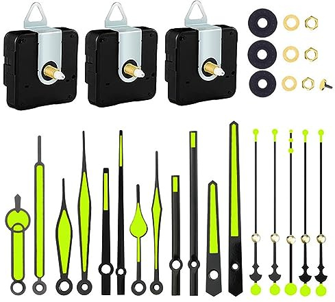 Bortivier 3Piece Quartz Clock Movement Mechanism Parts with 6 Types Clock Hands Black+Fluorescent Green Clock Movement Kit for Clock Repair
