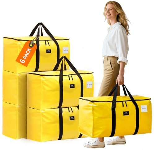 JIAWEN 6 Pack Moving Bags and Storage Bags - 95L Heavy Duty Moving Boxes | Reinforced Bottom & Wrap-Around Handles, Tear-Resistant Reusable Large Packing Bags for Home, College Dorm, Christmas Decor
