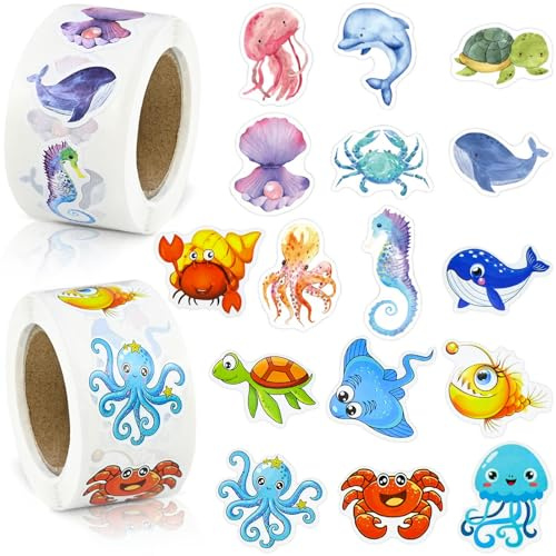 JAXICREY Sticker Tiere, 2 Rolle/1000 Stück Sticker Meerestiere Meer Tiersticker Stickerrolle Aufkleber Ozean Kinder Rolle Tieraufkleber Fische Aufkleber Unterwasserwelt für Scrapbooking DIY Crafts