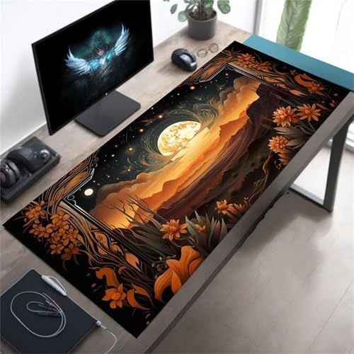 Heaen Mouse Pad Gaming 900x300x3 mm, XXL Mouse Mat, Large Mousepad, with Stitched Edges and Non-Slip Rubber Base Washable Desk Pad for Laptop Office Gamer (Moon Desert Plants)
