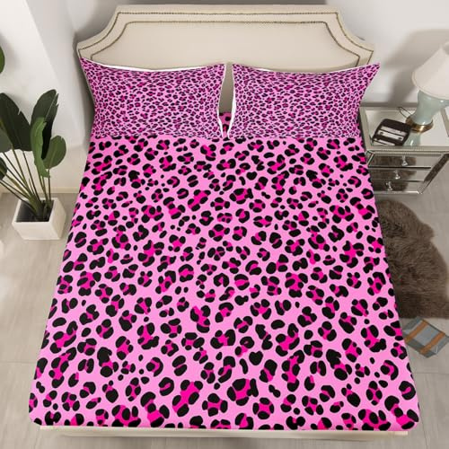 Homemissing Pink Leopard Spannbettlaken 90x200cm Gepard Spannbetttuch für Jungen Mädchen Tierdruck Safari Schlafzimmer Dekor Zebra