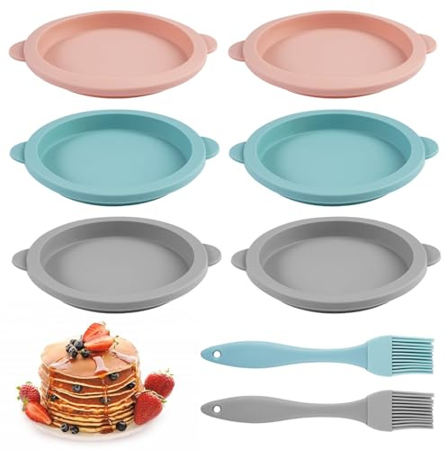 6 Piezas Molde Silicona Huevos Freidora de Aire con 2 Cepillo de Silicona | 10 cm Molde Redondo de Silicona para Tartas, Recipiente Air Fryer para Tapas de Muffins, Tostadas, Sándwiches