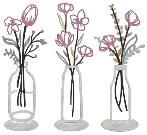 Shuqio 3tlg Metall Wanddeko Blumen Vasen Wandvase Küche Wohnzimmer Flur | 3-teiliges Metall Wanddeko mit Blumen Vasen, Pastellrosa, wandmontierbar Tischdeko, für Küche Wohnzimmer Flur minimalist Deko