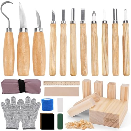 JOTOL Kit Intaglio Legno 28 Pcs,Strumenti per Intaglio del Legno con Coltelli da Intaglio,Scalpelli,Blocchi di Legno e Guanti,Set di Coltelli da Intaglio per Principianti,Hobbisti e Regalo Creativo