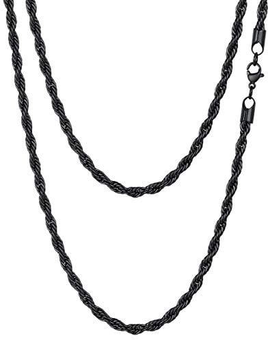 FOCALOOK Black Necklace Chain Mens Rope Chain 22inch 3mm Stainless Steel Thick Twist Chain