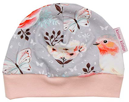 Kleine Könige Mütze Baby Mädchen Beanie · Mitwachs-Funktion · Modell Vögel Birds grau, Altrosa · Ökotex 100 Zertifiziert · Größen 122/128