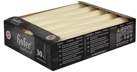 Hofer Spitzkerzen - Elfenbein - 2,3 x 25 cm - Set mit 30 Stabkerzen - Lange Brenndauer 7 Stunden - Unparfümierte Tafelkerzen - Tropfenfrei Leuchterkerzen - RAL Qualität Wachs - Made in EU