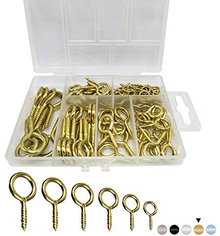 Gold Screw Eye Assorted 100 Pieces 6 Size Small Eye Bolts Kit, Copper Plated Eyelet Hooks for Wood Ring Screws for Hanging Handmade Xmas Ornaments Picture Frame