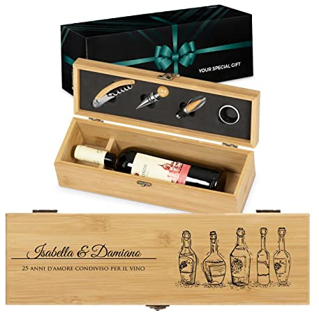 Maverton Cassetta Porta Vino Amore con Accessori - Kit Cavatappi da Vino Personalizzato - Scatola in Legno di bambù + 4 Pezzi di Accessori Vino - Idee Regalo per Anniversario - Bottiglie