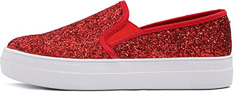 Feversole Women's Fashion Slip-On Trainer Casual Flat Loafers Skater Pumps Trainers Sneakers Shoes Red Glitter Size 5