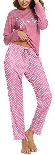 Uniexcosm Pigiama per Donna Pigiama Donna Cotone Lungo Leggero Gatto Girocollo Maniche Lunghe Pigiama Due Pezzi Donna a Tasche Laterali Gatto-Rosa L