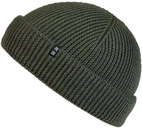 Enter the Complex® Fisherman Beanie, 100% Merino Wolle, Trawler Mütze, Fischermütze, Troyer, Ribbstrick, Damen und Herren, Olive
