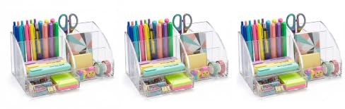 OSCO Clear Transparent Acrylic Desk Tidy Pen Pot, 7 Section Organiser with Pull-Out Drawer for Stationery, Cosmetics & Home Office Supplies, H12×W25×D13 cm, 3 Pack