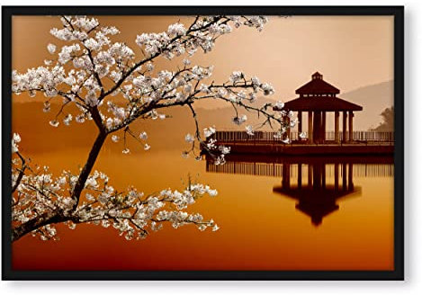 Pixxprint Kirschbaum an See, Poster im Bilderrahmen, Format: 55x40cm, Kunstdruck gerahmt