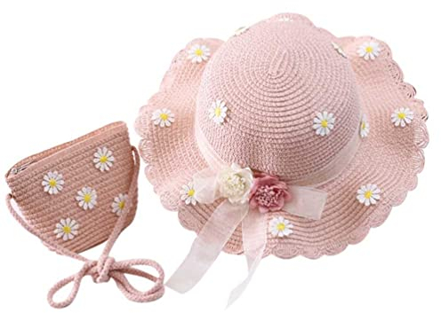 SOIMISS Mädchen Strohhut Gänseblümchen Sun Hut mit Schulter Strohbeutel Set Kinder Sommerhut Strand Hut Tasche Welle Weit Sonnenschutz Hut strohtaschen Beanie Mütze Für Kleinkind