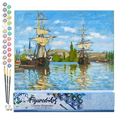 Figured'Art Peinture par Numéro Adulte Bateaux Navigant sur la Seine à Rouen - Monet - Activité Manuelle Kit de Loisir Créatif DIY Numéro d'Art Complet - 40x50cm sans châssis en bois