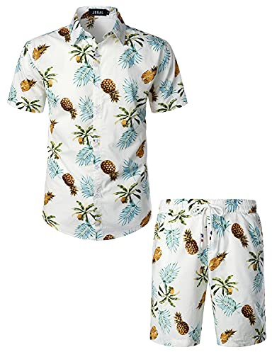 JOGAL Herren Funky Fruit Kurzarm Baumwolle Hawaii Hemd Short Set Weißes Ananasblatt X-Large
