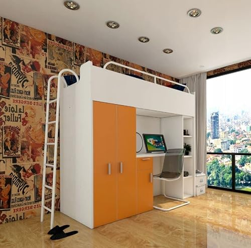Marlux-Meble Hochbett Kinderbett JSM-4 80x190 mit Kleiderschrank Schreibtisch und Leiter Matt Kinderbetten Funktionsbett Etagenbett Stockbett Kinderhochbett Jugendhochbett (Orange Matt)