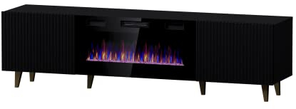 BIM Furniture TV-Schrank Pafos 180 cm mit elektrischem Kamin gefräster Front Hochwertiges MDF Lowboard Schrank TV Tisch Sideboard Kommode Hi-Fi Tisch Fernsehtisch Skandinavische Beine (Schwarz Matt)