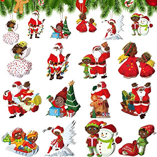 Woanger 36 Pcs African American Christmas Wooden Nutcracker Ornaments, Black Santa, Hanging Decorations for Tree, Home, Kitchen, Xmas
