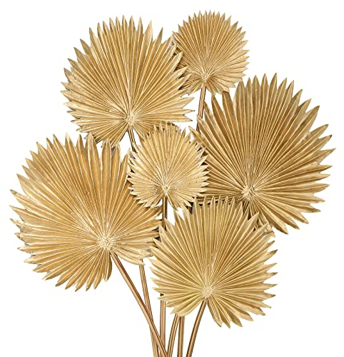 Briful Lot de 6 feuilles de palmier artificielles dorées tropicales en polyuréthane avec tige flexible pour arrangement floral, jardin, fête, bureau