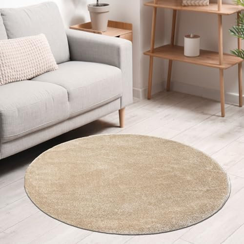 VIMODA Teppich rund Wohnzimmer Kurzflor Einfarbig für Schlafzimmer kinderzimmer weich Rund, Farbe:Beige, Size:200 cm Round
