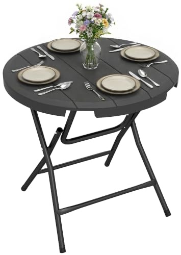 Outsunny Foldable Garden Dining Table, Round Outdoor Table, Dark Grey | HDPE Tabletop, Steel Frame, for Patio and Garden