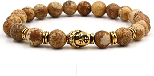 Modeschmuck Armband, Armreif Herren Braun Achat Legierung Goldener Buddha Perlenarmbänder Geschenke für Männer 19cmx8mm