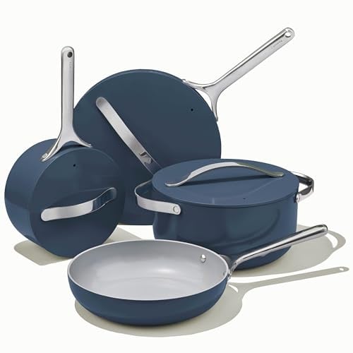 Caraway Juego de utensilios de cocina de cerámica antiadherente (12 piezas) ollas, sartenes, tapas y almacenamiento de cocina, no tóxico, apto para horno y compatible con todas las estufas, color azul